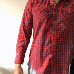 Vintage mens western plaid pearl snap long‎ sleeve red navy karman shirt